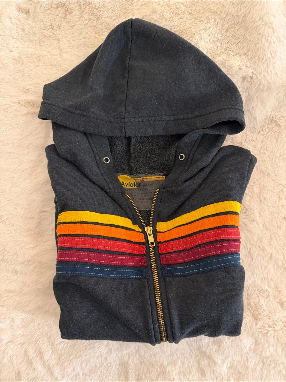 Aviator Nation Navy Kids Zip Hoodie with Rainbow Stripe